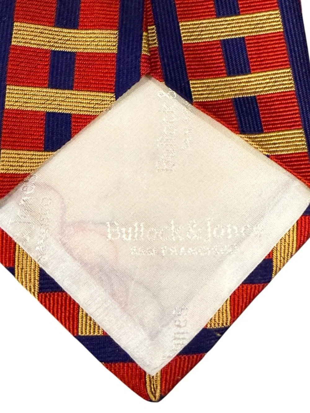 Bullock & Jones Silk Necktie Made England Red Gold Navy Geometric Grid